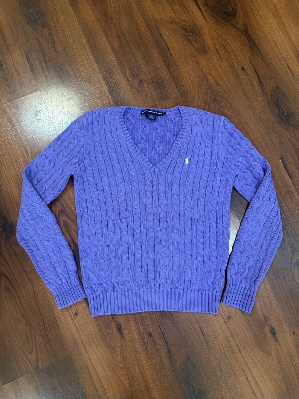 Vintage 90s Ralph Lauren Sport Sweater Women's Sz L Purple Cable Knit V Neck